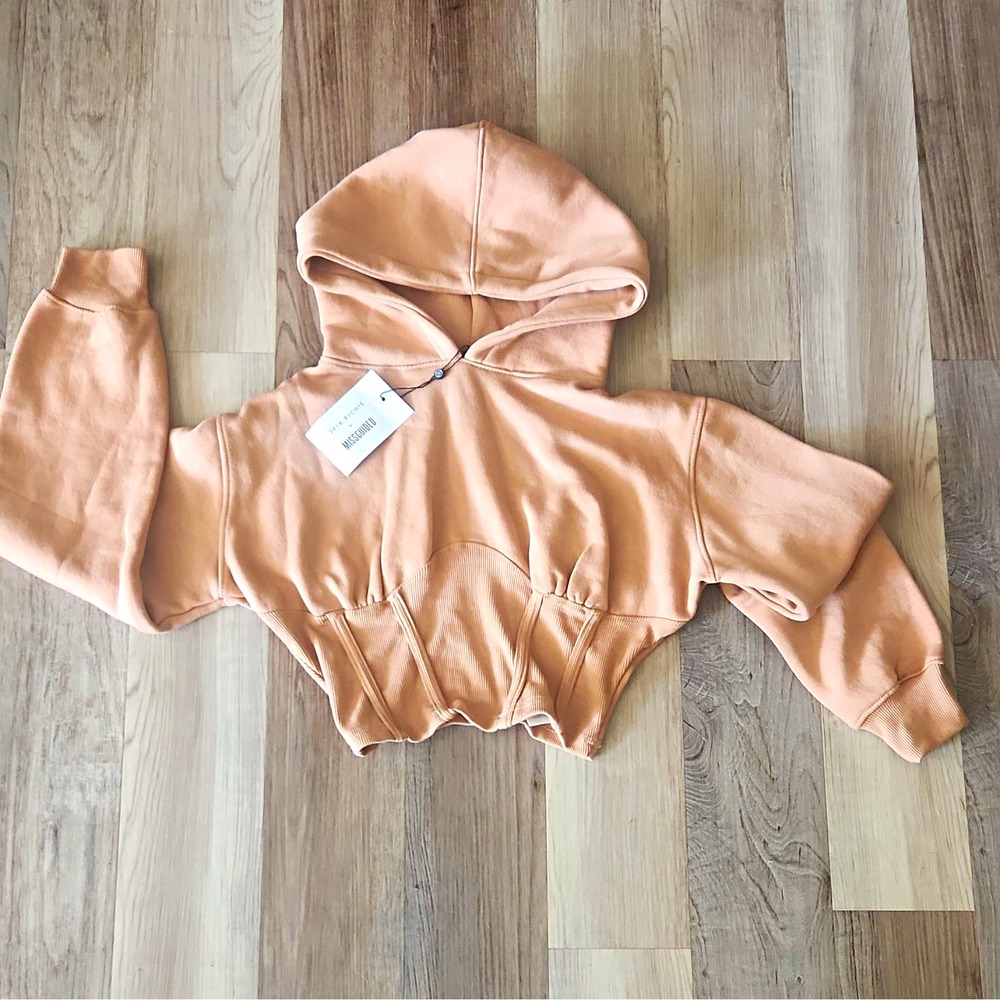 Missguided X Sofia Richie Nwt Women's Taupe Cropped Corset Style Hoodie 2